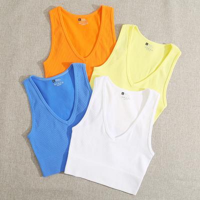 China QUICK DRY V-Neck Sports Fitness Running Yoga Short Top Nylon Moisture Absorption Sweat Vest Breathable Seamless Knitted Small TANK for sale