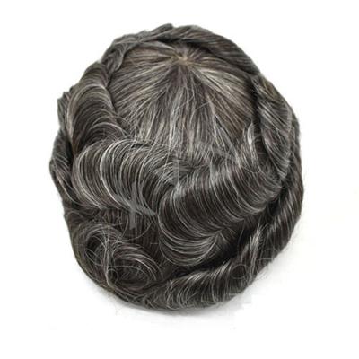 China Full Swiss Lace Hair Toupee For Men 1B With Gray Hairpiece 8x10Inch Hair Replacement System Toupee With Soft Bleached Knots for sale