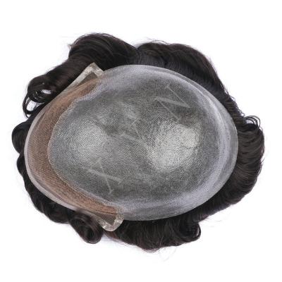 China Lace+PU Front Lace Men Toupee 1B With Gray Indian Remy Human Hair Toupee With Bleached Knots 8X10 Grade Hair Prosthesise Toupee For Men for sale