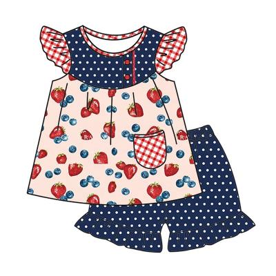 China Breathable Fancy Baby Clothes Pockets Summer Kids Outfits Kids Clothing Set With Strawberry Pattern for sale