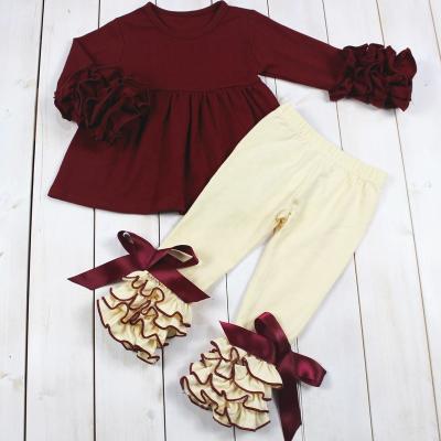 China Wholesale Casual Kids Ruffles Leggings Girls Ruffle Outfits Kids Clothing Sets With Bows for sale