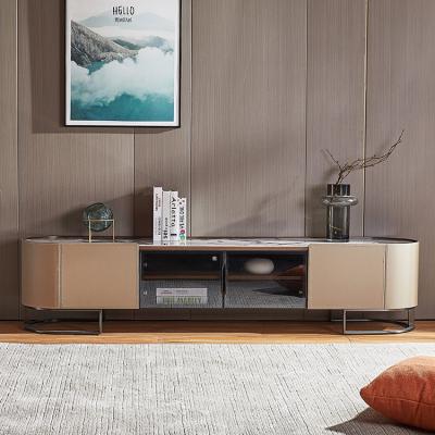 China The other stainless steel base saddle leather and wood combination modern minimalism living room TV stone top table for sale