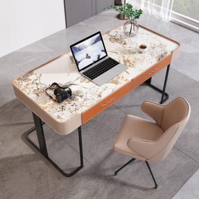 China Luxury Modern Marble Stone Office Study Furniture Home Office Furniture Saddle Top Orange Leather Gold Legs Table for sale