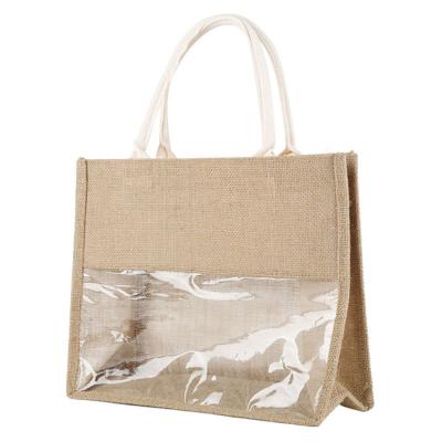 China 100% Natural Canvas Tote Burlap Bags With Clear Jute Durable Handle Eco-Friendly Shopping Windows for sale