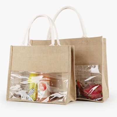 China 100% Custom Clear Transparent Window Canvas Gift Wine Packaging Jute Shopping Bags Eco-friendly Wholesale for sale