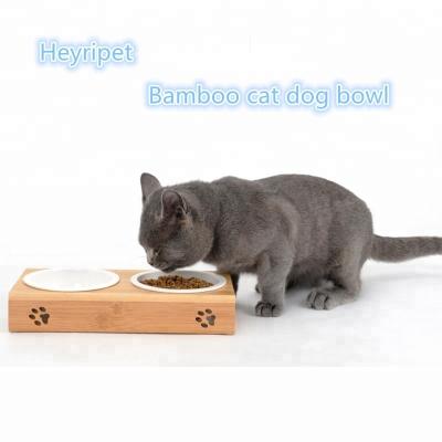 China Viable Bamboo Stand Raised Pet Feeder For Cat Dog Elevated Dog Cat Stainless Steel Ceramic Bow for sale