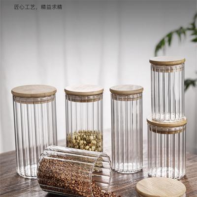 China Retro Style Kitchen Freshness Storage Vertical Stripe Glass Storage Jar for sale