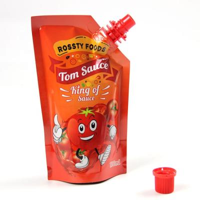 China Shock Resistance Customized Tomato Sauce Packaging Liquid Stand Up Pouch Juice Pouches Side Spout Plastic Bag for sale