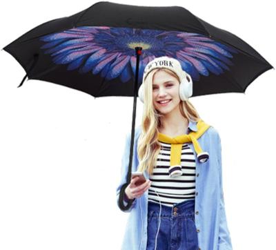 China Unique Inverted Reverse Folding Reverse Reverse Umbrella Rain Logo Printed Double Fabric Windproof C Shape Custom Handle Design Wholesale Amazon for sale