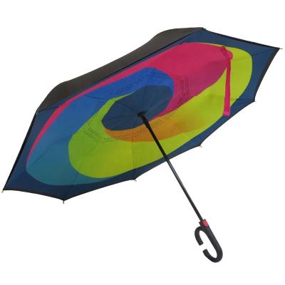 China WIindproof Multi Colored C Handle Hand Free Inverted Umbrella Full Panel Splice Printing Inside For Car Umbrella Holder for sale