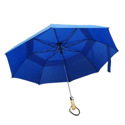 China 30 Inch Navy Blue Double Layer 2 Fold Golf Waterproof Windproof Umbrellas With Wooden Handle China Factory for sale