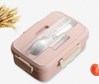 China Portable Sustainable Biodegradable Compartment Wheat Straw Bento Lunch Box With Stainless Steel Cutlery Set Food Storage For Kids for sale