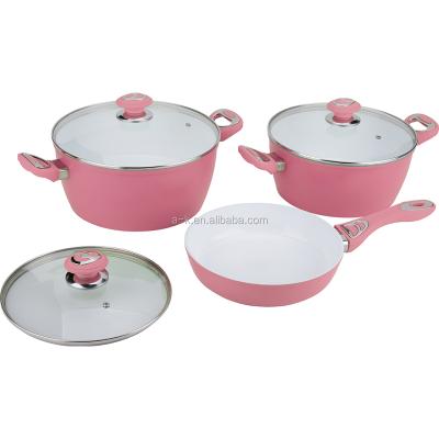 China Prestige Sustainable Kitchen Utensils Eco - Friendly Durable Kitchen Aluminum Pink Pots Cooking Cookware Set for sale