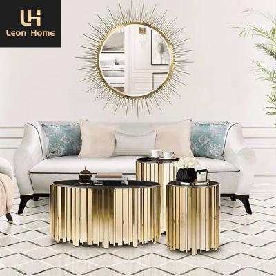 China Black Marble Top Luxury black marble with gold stainless teel base coffee table and end table set marble top round coffee table for sale