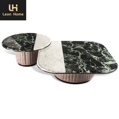 China Black Marble Top Hign end living room center table set high nature green marble upholstery leather luxurious coffee table marble for sale