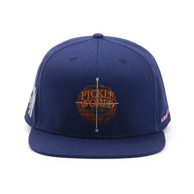 China Wholesale Custom Fitted Hat 6 Panel Navy Blue Embroidery COMMON Stretch Hat With Flat Brim Snapback Flex Fit Hat Cap Color for sale