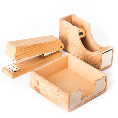 China Hot Selling Eco-friendly Office High Quality Office Accessories Wooden Set With Tape Dispenser Stapler for sale