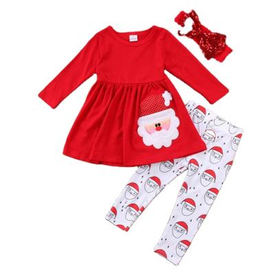 China New Comfortable Children's Christmas Clothes Girls Santa Claus Doll Shirt White Bentgrass Printed Pants Bow Headband Three Piece Set Y0004 for sale