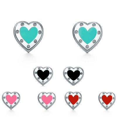 China CLASSIC Love Earrings 925 Silver Stud Earrings Women Love Original Brand Logo Fashion Jewelry Luxury Blue Enamel Heart Stud Earrings for sale