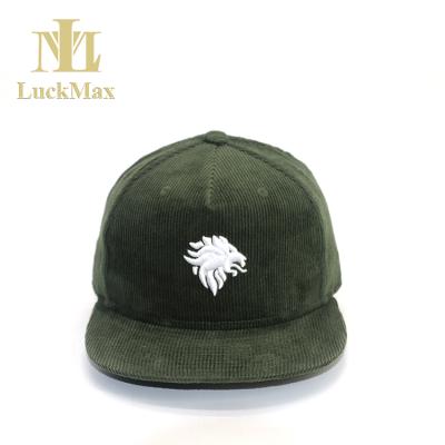 China Custom Hat 5-Panel Army Green OEM Logo Corduroy Fabric 5 Panel Hat Baseball Cap City Sport Caps Olive Green Hats With 3D Lion Embroidered for sale