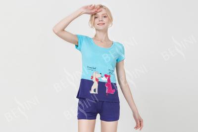 China Dickflüssige Spandex-Jersey-Damen-Sommer-Pyjama-Sätze mit dunkelblauen kurzen Hosen zu verkaufen