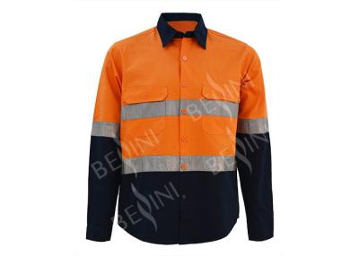 Chine Le coffre réfléchi de bande de longue de douille de chemise de travail d'orange/marine de ton du sergé deux du 100%Cotton des hommes de maille correction de dos empoche à vendre