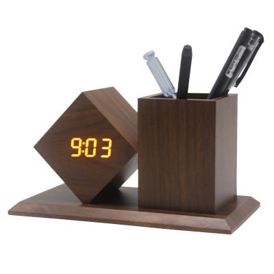 China Wooden Calendars Pen Holder Table Clock Bamboo with Digital Pendulum for sale