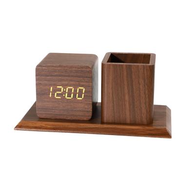 China Calendars Wooden Desk Pen Holder Stand Wooden Clock with Pen Card Holder for sale