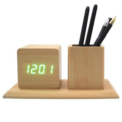 China Custom Calendars Pen Stand Wooden Table Clock Pen Holder Lamp Alarm Clock with Clock for sale