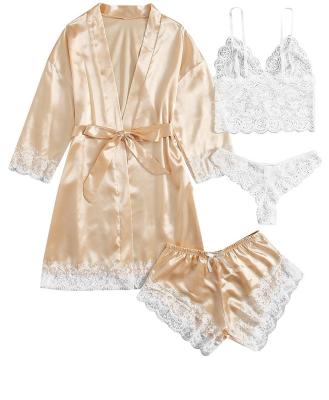 China Floral Satin QUICK DRY Cami Pajama Set Women Sleepwear 3pcs Lace Trim Set With Long Robe for sale