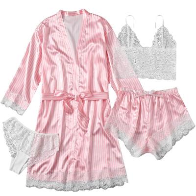 China QUICK DRY Floral Satin Cami Pajama Set Women Sleepwear 3pcs Lace Trim With Long Robe Hot Nightgown for sale