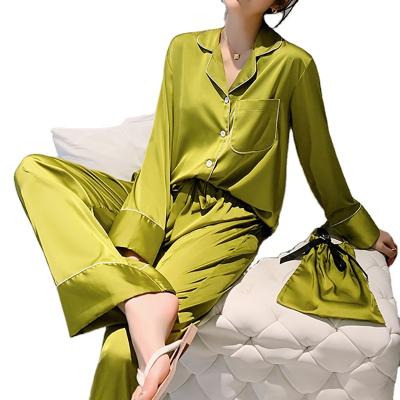 China Autumn New Ice Silk QUICK-DRY Lady Pajamas Long-sleeved Pajama Pants Suit Home Dress Three-Piece Pajamas Set for sale