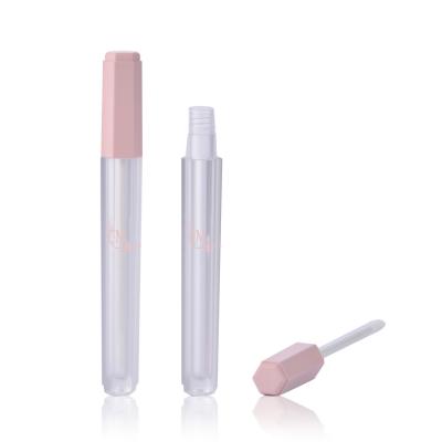 China Cosmetic Fancy Empty Hexagon 5ml Lip Gloss Plastic Pink Slim Tube With Brush Custom Logo for sale