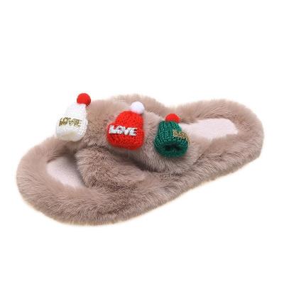 China Cute Fur Party Fluffy Slippers Rubber Belt Waterproof Christmas Women's Slippers Half Flat Women's Slippers for sale