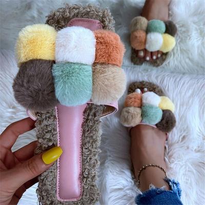 China Wholesale Fashion Trend Rainbow Women's Slippers Faux Fur Ball PU Slippers Cute Candy Color Fur Ladies Slippers for sale