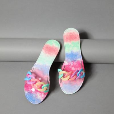 China New Summer Trend 2021 Fashion Rainbow Ladies Open-toe Chain PVC Transparent Flat Ladies Slippers Non-slip Outdoor Slippers for sale