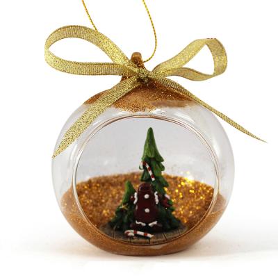 China Handmade Gold Promotion Christmas Tree Snow Glittering Clear Hanging Glass Ball for sale