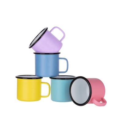 China Viable Custom Logo Sublimation Steel Enamel Reusable Rolled Camping Coffee Tea Mug Metal Tin Rim Mug With Handle for sale