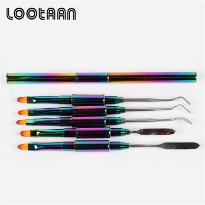 China Beauty Care Make Custom LOGO Metal Handle Gel Brush Double-use Nail Manicure Brush Tools 2020 Poly Nail Spatula Brush Multicolor Gel Tool for sale