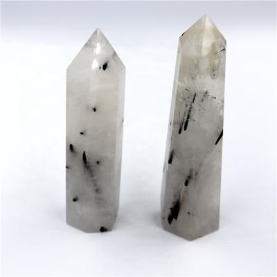 China China Wholesale Polished Rutilated Raw Black Decorative Big Quartz Crystal Pillar Points for sale