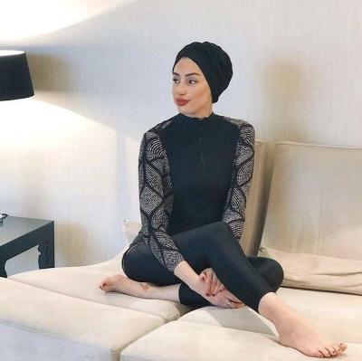 China Modest Full Coverage Plain Black Burqini Turban Logo Private Label Islamic Women 4-PC Breathable Muslim Swimwear Customized Beachwear for sale