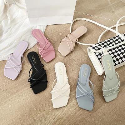 China Fashion trend Korean version of summer simple ladies external use lightly ties slippers ladies square toe non-slip beach flat sandals for sale