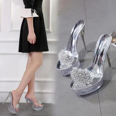 China Fashion trend summer ladies sexy transparent high heels, new faux stone ladies high heel glass sandals and slippers, Crystal Slippers for sale