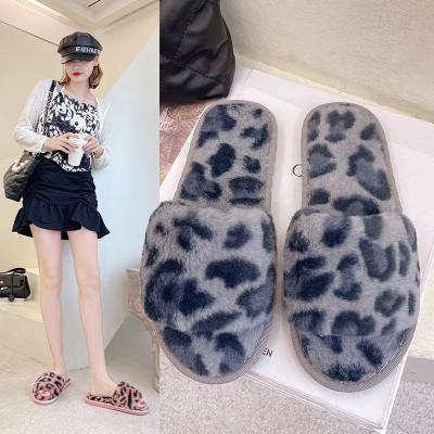 China Damping classic leopard print one word cotton slippers autumn and winter ladies indoor open toe slippers plush non-slip home slippers for sale