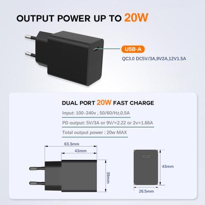 China New Product EU/US/UK Type C Charger Cable Adapter 20W 1 Hour PD Fast Charging Rate Up To 80% Mobile Phone Wall Charger for sale