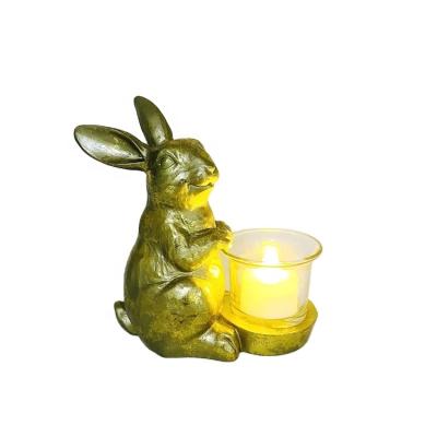 China Home Decoration Vintage Old World Home Decorations Resin Craft Statue Ornaments Gold Easter Bunny Candle Holder for sale