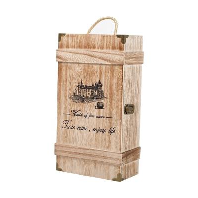 China Recycled Materials Wood Wine Crate Double Bottle Dark Torched Wooden Wine Box for sale