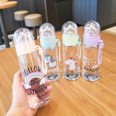 China 2022 Viable Cute Portable Sports Cartoon Glitter Tumblers Mug Cup Plastic Cold Drinking Water Bottle for sale