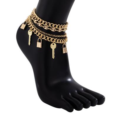 China 4pcs TRENDY Set 18k Gold Plated Multilayer Layered Layered Chunky Chain Anklet Bracelet Lock Key Pendant Anklet for sale