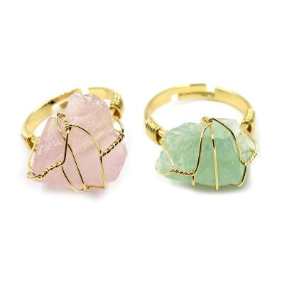 China Adjustable Natural Rose Quartz Ring Fashion Wire Wrap Amethyst China Crystal Irregular Rough Stone Ring For Gift for sale